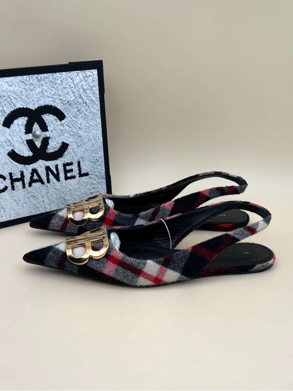 Balenciaga Red Black White Plaid Pointed Slingback Mules with Gold 'B' Accent